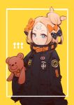  :o abigail_williams_(fate/grand_order) bandaid_on_forehead bangs black_bow black_dress blonde_hair blue_eyes bow commentary_request dress fate/grand_order fate_(series) hair_bow hair_bun heroic_spirit_traveling_outfit keyhole long_hair long_sleeves looking_at_viewer object_hug orange_bow parted_bangs parted_lips polka_dot polka_dot_bow sleeves_past_fingers sleeves_past_wrists solo stuffed_animal stuffed_toy teddy_bear vienri yellow_background 