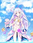  :o bangs bird blue_eyes bracelet breasts clam_shell cloud cloudy_sky covered_nipples day hair_between_eyes hanetakyo jewelry long_hair mana_(shironeko_project) navel open_mouth pearl pink_ribbon ribbon seagull shironeko_project silver_hair sky small_breasts solo stomach water 