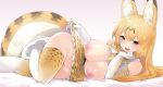  absurdres alternate_hair_length alternate_hairstyle animal_ear_fluff animal_ears bed_sheet blonde_hair blush bow bowtie breasts breasts_outside elbow_gloves extra_ears gloves high-waist_skirt highres kemono_friends large_breasts legs_folded long_hair looking_at_viewer lying naik nipples no_panties on_side open_mouth print_gloves print_neckwear print_skirt serval_(kemono_friends) serval_ears serval_print serval_tail shirt skirt skirt_lift sleeveless sleeveless_shirt smile solo striped_tail tail thighhighs yellow_eyes 