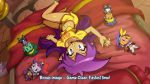  1boy 4girls alternate_costume bed bed_sheet bedroom blue_eyes bolo_(shantae) casual dark_skin hair_down looking_at_viewer lying midriff multiple_girls navel on_bed purple_hair risky_boots rottytops shantae_(character) shantae_(series) shirt short_shorts short_sleeves shorts sky_(shantae) smile stuffed_toy t-shirt text_focus 