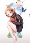  abigail_williams_(fate/grand_order) animal balloon bandaid_on_forehead bangs bare_legs barefoot black_bow black_jacket blonde_hair blue_eyes blue_sky blush bow bug butterfly cloud cloudy_sky commentary_request day eyebrows_visible_through_hair fate/grand_order fate_(series) fou_(fate/grand_order) hair_bow hair_bun head_tilt heroic_spirit_traveling_outfit highres insect jacket k_jie keyhole long_hair long_sleeves looking_at_viewer medjed object_hug orange_bow parted_bangs parted_lips polka_dot polka_dot_bow sky sleeves_past_fingers sleeves_past_wrists soles solo stuffed_animal stuffed_toy teddy_bear white_background 