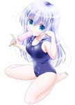 barefoot blue_eyes blue_hair blue_swimsuit breasts food gochuumon_wa_usagi_desu_ka? hair_ornament highres imai_kazunari kafuu_chino light_blue_hair long_hair looking_at_viewer md5_mismatch one-piece_swimsuit popsicle school_swimsuit simple_background small_breasts solo swimsuit white_background x_hair_ornament 