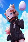  :o abigail_williams_(fate/grand_order) balloon bandaid_on_forehead bangs black_bow black_jacket blonde_hair blue_eyes blue_sky blush bow cloud commentary_request day fate/grand_order fate_(series) hair_bow hair_bun hand_up heroic_spirit_traveling_outfit holding holding_balloon jacket long_hair long_sleeves looking_at_viewer medjed object_hug orange_bow outdoors parted_bangs parted_lips sky sleeves_past_fingers sleeves_past_wrists solo standing stuffed_animal stuffed_toy teddy_bear yamyom 