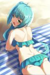 :o alternate_eye_color alternate_hair_color aqua_bikini aqua_hair ass back beach bikini blush commentary_request day frilled_bikini frills from_above green_eyes hair_ribbon kantai_collection kasumi_(kantai_collection) long_hair looking_at_viewer looking_up lying on_stomach open_mouth outdoors pooor ribbon sand shadow side_ponytail smile striped_towel swimsuit towel white_ribbon 