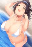  1girl black_hair blush breasts cleavage fat green_eyes large_breasts looking_at_viewer obese open_mouth plump shimejix short_hair smile solo sweat 