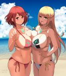  alternate_costume arm_up bare_shoulders beach bikini blood breast_press breasts cleavage day gem hand_on_hip hero_(do-belman) highres hikari_(xenoblade_2) homura_(xenoblade_2) large_breasts long_hair multiple_girls navel open_mouth red_bikini red_eyes red_hair sand short_hair sky smile swimsuit symmetrical_docking v water white_bikini xenoblade_(series) xenoblade_2 yellow_eyes 