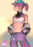  ass_visible_through_thighs bare_shoulders fortnite gas_mask halterneck hat highres jacket looking_to_the_side midriff navel parted_lips pink_hair ponytail profile skin_tight solo tororoto 
