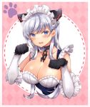  animal_ears argyle argyle_background azur_lane bangs bare_shoulders belfast_(azur_lane) black_gloves blue_eyes blush braid breasts broken broken_chain cat_ears chain cleavage collar commentary_request elbow_gloves eyebrows_visible_through_hair frills gloves grey_hair kemonomimi_mode large_breasts long_hair maid_headdress mozzarella open_mouth paw_pose paws shiny shiny_hair solo upper_body wavy_hair 