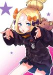  abigail_williams_(fate/grand_order) bandaid_on_forehead bangs black_bow black_jacket blonde_hair blue_eyes blush bow fate/grand_order fate_(series) fingernails hair_bow hair_bun heroic_spirit_traveling_outfit hetchhog_tw highres jacket long_hair long_sleeves looking_at_viewer object_hug open_mouth orange_bow parted_bangs sleeves_past_wrists solo standing star stuffed_animal stuffed_toy teddy_bear v-shaped_eyebrows 