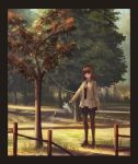  attempted_suicide black_border border brown_hair chinese_commentary commentary_request day fence highres holding necktie noose original outdoors pantyhose scenery school_uniform smile solo standing tree watering watering_can yurichtofen 
