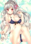 1girl ass azur_lane bangs bare_legs bare_shoulders bikini black_bikini black_choker blush breasts cameltoe choker cleavage closed_mouth collarbone dunkerque_(azur_lane) eyebrows_visible_through_hair feet_out_of_frame flower front-tie_bikini front-tie_top hair_ornament hairband hand_up highres holding knees_up long_hair looking_at_viewer medium_breasts ponytail red_eyes shawl sidelocks silver_hair smile solo strap_pull swimsuit thighs white_flower yoruoujito-tsukinohime 