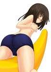  bakemonogatari banana_boat bloomers blush brown_hair buruma covering covering_breasts from_behind looking_back monogatari_(series) on_banana saitou_kouichi sengoku_nadeko short_hair solo topless underwear 