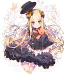  abigail_williams_(fate/grand_order) bangs black_bow black_dress black_hat blonde_hair blue_eyes blush bow bug butterfly commentary_request dress fate/grand_order fate_(series) frilled_dress frilled_sleeves frills hair_bow hat holding holding_stuffed_animal holding_toy hong_(white_spider) insect long_hair long_sleeves looking_at_viewer no_hat no_headwear orange_bow parted_bangs polka_dot polka_dot_bow shiny shiny_hair sleeves_past_fingers sleeves_past_wrists stuffed_animal stuffed_toy teddy_bear white_bloomers 