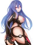  1girl adjusting_clothes ass breasts curvy elbow_gloves gloves hair_between_eyes hips iris_heart kami_jigen_game_neptune_v large_breasts long_hair looking_at_viewer looking_back neptune_(series) nipples pink_eyes purple_hair pussy simple_background smile solo suterisu thighs white_background 