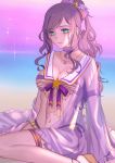  1girl alternate_costume alternate_hair_color alternate_hairstyle breasts choker cleavage green_eyes janna_windforce large_breasts league_of_legends long_hair looking_at_viewer magical_girl ponytail purple_hair sandles star_guardian_janna swimsuit 