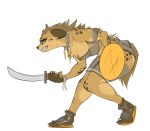  2017 5_toes antho anthro breasts brown_fur cleavage clothed clothing danonymous digital_media_(artwork) female footwear fur gnoll hyena jewelry mammal mane melee_weapon necklace sandals sharp_teeth shield simple_background solo spots standing sword teeth thick_thighs toes warrior weapon white_background 