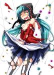  bad_id bad_pixiv_id blue_hair blush breasts covering covering_breasts detached_sleeves embarrassed floating_hair hatsune_miku hood long_hair looking_down medium_breasts open_mouth pantyhose project_diva_(series) skirt skirt_tug solo standing strapless striped striped_legwear tears torn_clothes torn_legwear torn_sleeves tsukishiro_saika twintails very_long_hair vocaloid white_background white_skirt yellow_eyes 