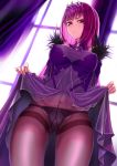  ass_visible_through_thighs backlighting bangs breasts cameltoe covered_clitoris covered_navel covered_nipples curtains day dress dress_lift dutch_angle fate/grand_order fate_(series) frown fur_trim gusset hair_between_eyes highres jewelry lace lace-trimmed_panties large_breasts lifted_by_self long_hair looking_at_viewer lowleg lowleg_panties panties panties_under_pantyhose pantyhose purple_dress purple_hair red_eyes scathach_(fate)_(all) scathach_skadi_(fate/grand_order) solo standing sunday_se7en sunlight thighband_pantyhose tiara underwear window 