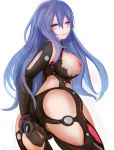  1girl adjusting_clothes ass breasts curvy elbow_gloves gloves hair_between_eyes hips iris_heart kami_jigen_game_neptune_v large_breasts long_hair looking_at_viewer looking_back neptune_(series) nipples pink_eyes purple_hair simple_background smile solo suterisu thighs white_background 