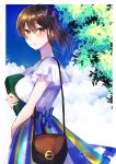  absurdres alternate_costume bag brown_hair from_side handbag highres kaga_(kantai_collection) kantai_collection long_skirt looking_at_viewer mochiko_(mocchikkoo) short_sleeves side_ponytail skirt solo striped striped_skirt tree yellow_eyes 