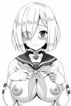  1girl breasts gloves hair_ornament hairclip hamakaze_(kantai_collection) kantai_collection kyougoku_shin large_breasts looking_at_viewer nipples school_uniform serafuku short_hair short_sleeves smile solo 