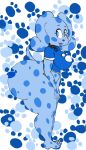  2018 4_fingers abstract_background anthro big_breasts big_butt blue&#039;s_clues blue_(blue&#039;s_clues) blue_eyes blue_fur blush bottomless breasts butt canine clothed clothing collar dog dog_tags female fur hi_res looking_at_viewer mammal midriff neom-daddy pawprint pose slightly_chubby spots spotted_fur standing thick_thighs voluptuous 