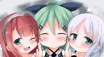  :t aqua_eyes black_bow blush bow closed_eyes commentary_request eyebrows_visible_through_hair green_hair hair_bow hairband kantai_collection kawakaze_(kantai_collection) long_hair looking_at_viewer multiple_girls one_eye_closed open_mouth oshiruko_(uminekotei) red_hair school_uniform silver_hair smile star umikaze_(kantai_collection) yamakaze_(kantai_collection) 