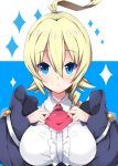  :&lt; ahoge bangs blazblue blonde_hair blue_background blue_eyes blue_jacket blush braid breasts center_frills closed_mouth collared_shirt commentary es_(xblaze) eyebrows_visible_through_hair frills hair_between_eyes huge_ahoge jacket large_breasts long_hair long_sleeves looking_at_viewer milkpanda red_neckwear shirt sidelocks single_braid solo sparkle two-tone_background white_background white_shirt wide_sleeves xblaze 