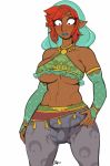  2018 athletic big_breasts breasts breath_of_the_wild bulge clothed clothing crossgender dickgirl digital_media_(artwork) erection gender_transformation gerudo hair humanoid intersex link navel nintendo not_furry penis_outline pointy_ears r4 red_hair simple_background solo standing the_legend_of_zelda transformation under_boob video_games 