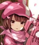  against_tree animal_ears animal_hat brown_eyes brown_hair bullpup catbell cherry_blossoms eyebrows_visible_through_hair fake_animal_ears gloves gun hat highres holding holding_gun holding_weapon llenn_(sao) looking_at_viewer military military_uniform open_mouth p90 pink_gloves pink_hat pink_scarf scarf short_hair solo submachine_gun sword_art_online sword_art_online_alternative:_gun_gale_online tree uniform upper_body weapon white_background 