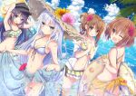  bikini blue_eyes blue_hair blush brown_eyes brown_hair bubbles clouds flowers hat hibiki_(kancolle) inazuma_(kancolle) kantai_collection long_hair navel purple_eyes purple_hair ribbons see_through short_hair sky swimsuit tagme_(artist) tagme_(character) verniy_(kancolle) water wink yellow_eyes 