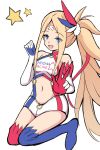  :d abigail_williams_(fate/grand_order) absurdres alternate_costume bangs bare_shoulders blonde_hair blue_eyes blue_legwear blush breasts chibi clothes_writing commentary_request cosplay elbow_gloves eyebrows_visible_through_hair eyes_visible_through_hair fate/grand_order fate/kaleid_liner_prisma_illya fate_(series) flat_color full_body gloves hair_ornament hands_up highres illyasviel_von_einzbern illyasviel_von_einzbern_(cosplay) kneeling long_hair looking_at_viewer mismatched_legwear mitchi navel no_shoes o-ring o-ring_top open_mouth parted_bangs race_queen red_legwear short_shorts shorts side_ponytail sidelocks small_breasts smile solo star very_long_hair w white_background white_gloves white_shorts 