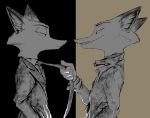  2018 anthro canine cheek_tuft clothed clothing collar disney duo eye_contact fox half-closed_eyes male mammal necktie necktie_grab nick_wilde restricted_palette side_view square_crossover suit thewyvernsweaver tuft zootopia 
