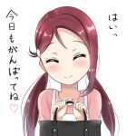  ^_^ bag bangs blush closed_eyes closed_mouth collarbone commentary_request dress eyebrows_visible_through_hair facing_viewer hands_up head_tilt heart holding holding_bag long_hair love_live! love_live!_sunshine!! low_twintails pink_shirt red_hair sakurauchi_riko shirt short_sleeves simple_background sin_(sin52y) sleeveless sleeveless_dress smile solo translation_request twintails white_background white_dress 