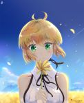  ahoge artist_name artoria_pendragon_(all) black_ribbon blonde_hair blue_sky blush chinchongcha collarbone day eyebrows_visible_through_hair fate/unlimited_codes fate_(series) field floating_hair flower flower_field green_eyes hair_between_eyes highres holding holding_flower looking_at_viewer neck_ribbon outdoors petals ribbon saber_lily shiny shiny_hair shirt short_hair sky sleeveless sleeveless_shirt smile solo upper_body white_shirt yellow_flower 