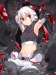  albino altair_floone armpits bare_shoulders belt blush breasts creature crystal elbow_gloves frown gloves looking_at_viewer medium_breasts navel original red_eyes restrained shirt short_hair sleeveless sleeveless_shirt tentacles twitter_username white_gloves white_hair 