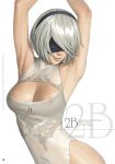  1girl armpits arms_up black_blindfold black_hairband blindfold breasts cleavage cleavage_cutout commentary_request cover cover_page covered_eyes doujin_cover erect_nipples facing_viewer hairband highleg highleg_leotard leotard medium_breasts mole mole_under_mouth nier_(series) nier_automata nipples pink_lips see-through silver_hair title watanabe_yasuaki white_background white_hair white_leotard yorha_no._2_type_b 
