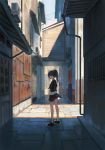  air_conditioner alley blue_eyes city clenched_hand cloud corrugated_galvanised_iron_sheet dark dark_skin from_behind high_ponytail highres kagumanikusu long_hair looking_at_viewer looking_back original outdoors pleated_skirt scenery shade shoes skirt sky sneakers solo sunlight wind wind_lift 