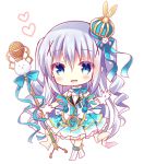  :d bangs bitter_crown blue_eyes blue_hair blue_skirt blush boots chibi commentary_request crown daydream_show eyebrows_visible_through_hair full_body gloves gochuumon_wa_usagi_desu_ka? hair_between_eyes hair_ornament hand_up heart holding holding_microphone_stand idol kafuu_chino knee_boots long_hair microphone microphone_stand mini_crown open_mouth pleated_skirt print_skirt ringlets shirt simple_background skirt smile snowflake_print solo standing tilted_headwear tippy_(gochiusa) two_side_up very_long_hair white_background white_footwear white_gloves white_shirt x_hair_ornament 
