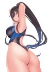  1girl areolae armpits ass bare_arms bare_shoulders black_hair black_swimsuit blue_swimsuit breasts competition_swimsuit curvy dog_tags erect_nipples franham from_behind hair_between_eyes highleg highres hips huge_ass idolmaster idolmaster_shiny_colors large_breasts long_hair looking_at_viewer one-piece_swimsuit ponytail pose shirase_sakuya simple_background solo swimsuit thick_thighs thighs thong very_long_hair white_background wide_hips yellow_eyes 