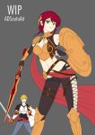  1boy 1girl adsouto alternate_costume alternate_hair_length alternate_hairstyle armor blonde_hair breasts choker cleavage gloves green_eyes jacket jaune_arc pyrrha_nikos red_hair rwby shield weapon 