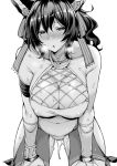  animal_ears bangs bare_shoulders blush breasts cleavage collarbone commentary_request covered_navel earrings erune gloves granblue_fantasy greyscale hair_between_eyes hair_ornament hair_ribbon hands_on_own_knees heavy_breathing ilsa_(granblue_fantasy) jewelry large_breasts leaning_forward long_hair looking_at_viewer monochrome mushi024 one-piece_swimsuit open_mouth pussy_juice ribbon sky solo swimsuit thighs wet white_background 
