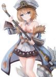  1girl bare_legs bare_shoulders blanc blue_eyes blush breasts brown_hair cleavage coat dress frown fur_trim hair_between_eyes hat holding holding_hammer holding_weapon looking_at_viewer neptune_(series) nipples short_hair simple_background small_breasts solo spaghetti_strap suterisu weapon white_background white_dress 
