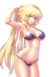  armpits bikini blonde_hair blue_eyes breasts cameltoe cleavage collarbone cowboy_shot eyebrows_visible_through_hair fate/apocrypha fate_(series) hair_between_eyes highres itaco1987 jeanne_d'arc_(fate) jeanne_d'arc_(fate)_(all) large_breasts long_hair looking_at_viewer navel open_mouth purple_bikini sideboob solo standing swimsuit tying_hair underboob very_long_hair 