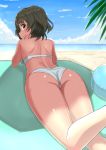  absurdres ass back ball beach beachball bikini blue_sky brown_hair chin_rest closed_mouth cloud cloudy_sky commentary day eyebrows_visible_through_hair from_behind green_eyes highres idolmaster idolmaster_cinderella_girls idolmaster_cinderella_girls_starlight_stage k-ya. looking_at_viewer lying mole mole_under_eye ocean on_stomach outdoors short_hair shoulder_blades sky smile solo swimsuit takagaki_kaede thighs white_bikini 