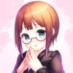  black_sweater blue_eyes brown_hair chestnut_mouth glasses kousaka_yukiho kyouou_ena love_live! love_live!_school_idol_project open_mouth red-framed_eyewear semi-rimless_eyewear shiny shiny_hair short_hair_with_long_locks sidelocks solo steepled_fingers sweater under-rim_eyewear upper_body 