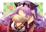  1girl breasts camilla_(fire_emblem_if) cleavage closed_mouth eyes_closed fire_emblem fire_emblem_heroes fire_emblem_if flower hair_flower hair_ornament hair_over_one_eye heart highres large_breasts long_hair nail_polish nakabayashi_zun nintendo purple_hair smile solo tiara upper_body 