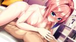  1girl 69 ass blue_eyes blush breasts censored collarbone commentary_request dosu_(doseven) erection fellatio girl_on_top hetero highres indoors medium_breasts mosaic_censoring nipples nude oral original penis pink_hair short_hair 