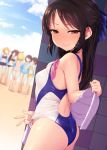  6+girls akagi_miria ass blurry blurry_background blush breasts breath brown_eyes brown_hair closed_mouth commentary_request competition_swimsuit cowboy_shot day depth_of_field dutch_angle eyebrows_visible_through_hair hair_ribbon half_updo heavy_breathing idolmaster idolmaster_cinderella_girls in_swimsuit looking_at_viewer matoba_risa multiple_girls one-piece_swimsuit outdoors ribbon sakurai_momoka sasaki_chie satou_kuuki sidelocks small_breasts solo_focus swim_cap_removed swimsuit tachibana_arisu towel w wet yuuki_haru 