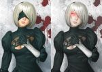  black_blindfold black_dress black_hairband blindfold breasts cleavage_cutout dress feather-trimmed_sleeves glowing glowing_eyes hairband looking_at_viewer medium_breasts mole mole_under_mouth nier_(series) nier_automata pale_skin parted_lips red_eyes short_hair silver_hair upper_body watanabe_yasuaki yorha_no._2_type_b 